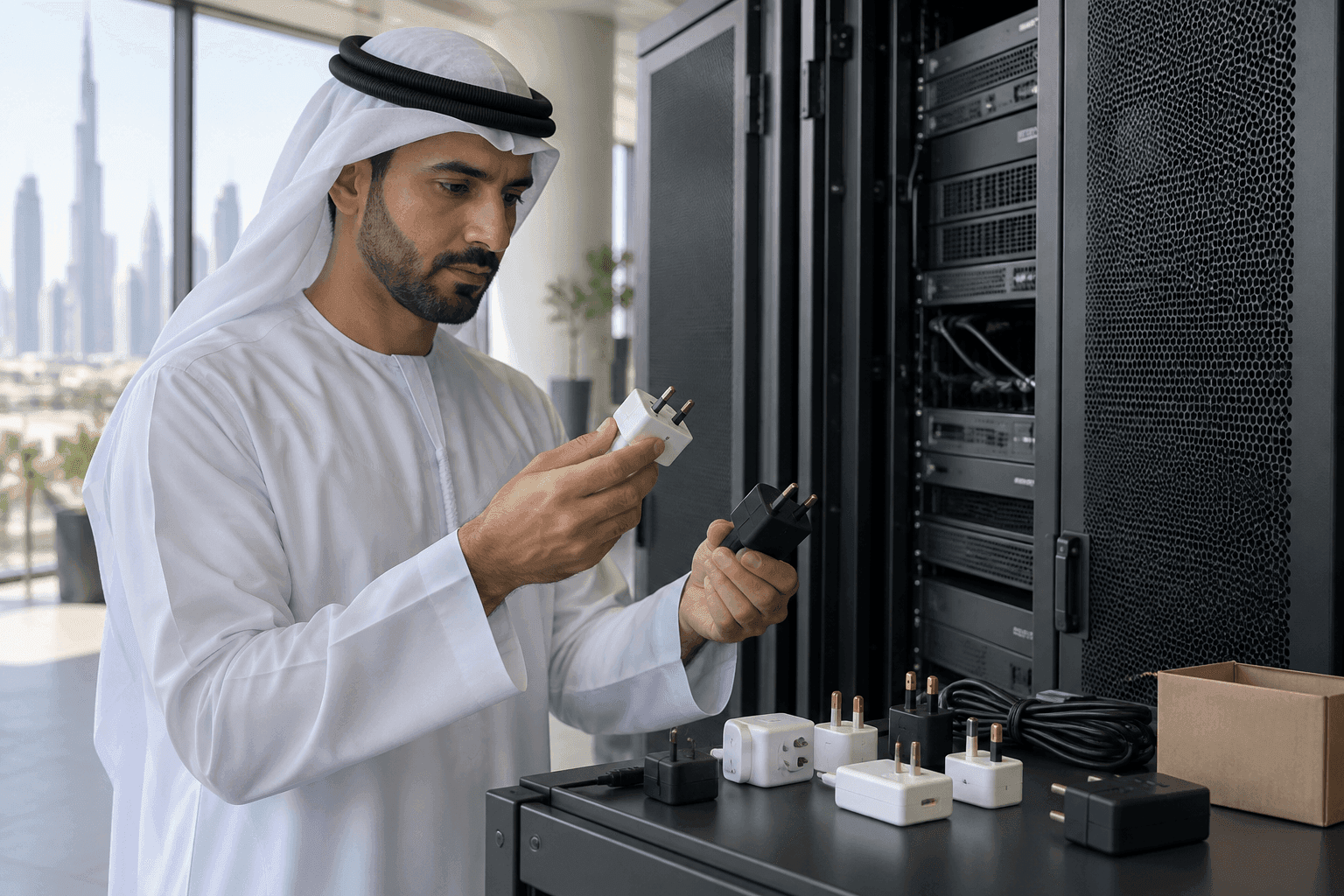 Architect inspecting physical plugs and adapters beside unmarked server equipment