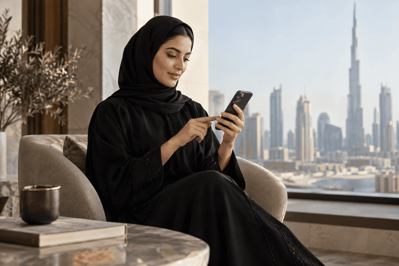 Customer consciously approving a purchase on phone with screen turned away, premium editorial photo