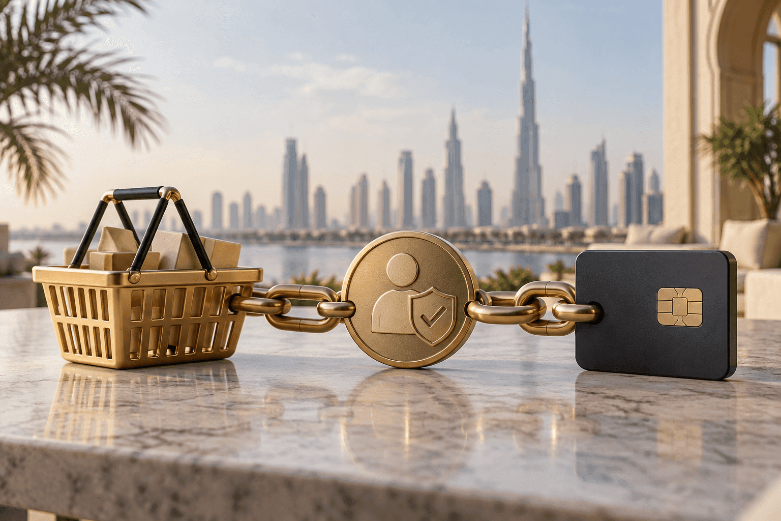 Conceptual secure chain linking a shopping basket, a consent seal and a payment token, no labels