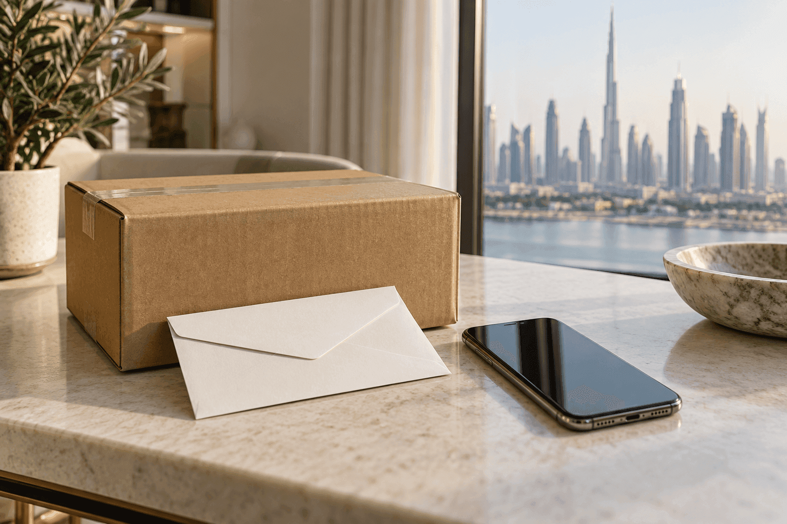 Unbranded parcel and closed receipt envelope beside smartphone representing confirmed purchase