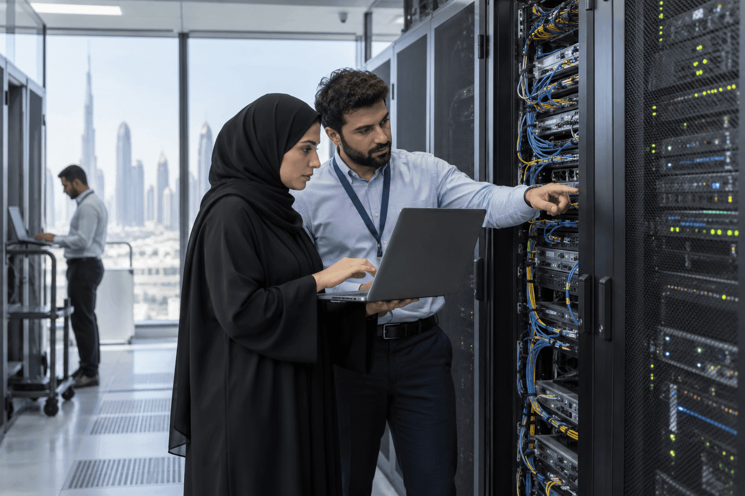Integration engineers in a modern server room reviewing commerce system connectivity