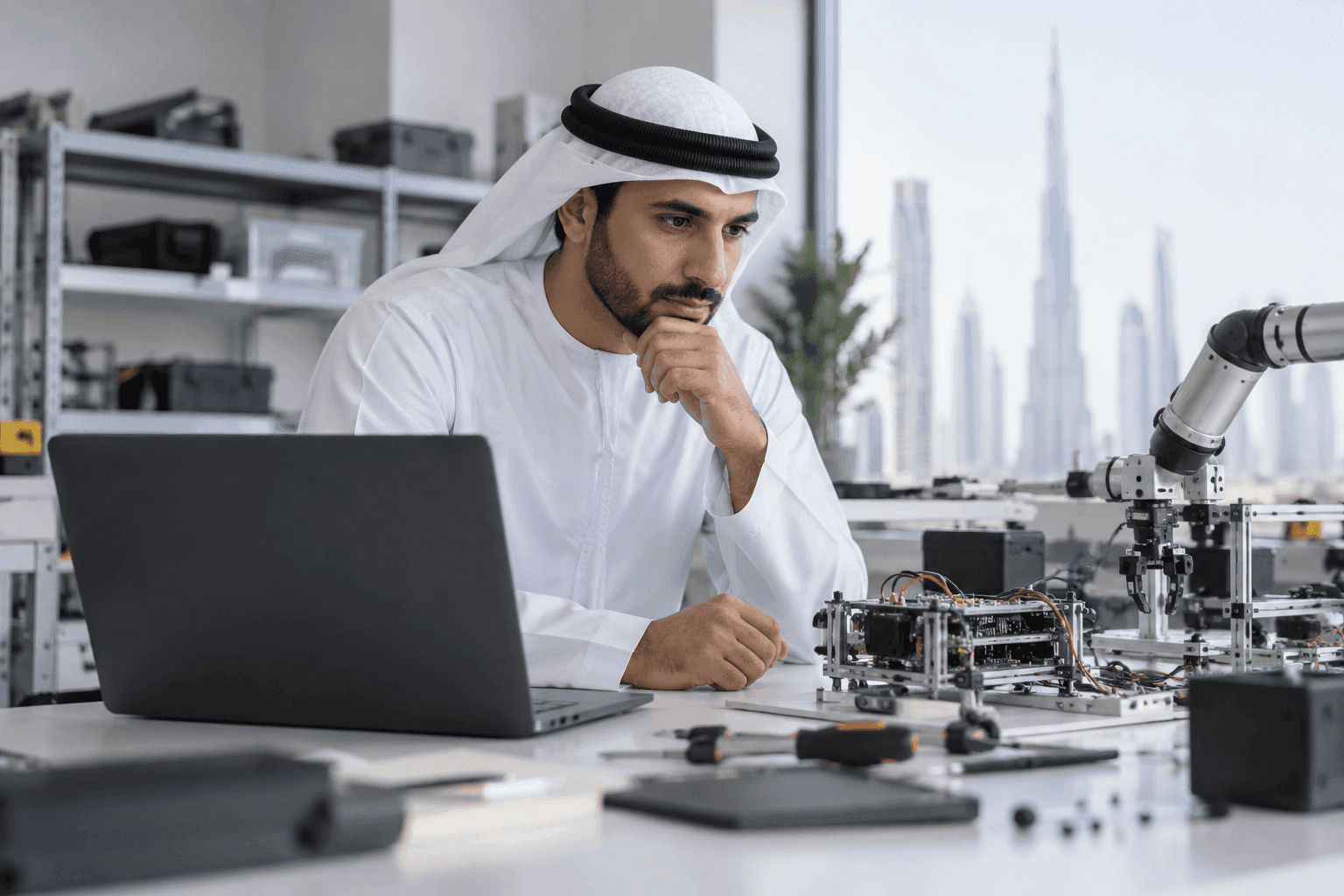 Engineer examining an isolated test workstation with laptop screen turned away