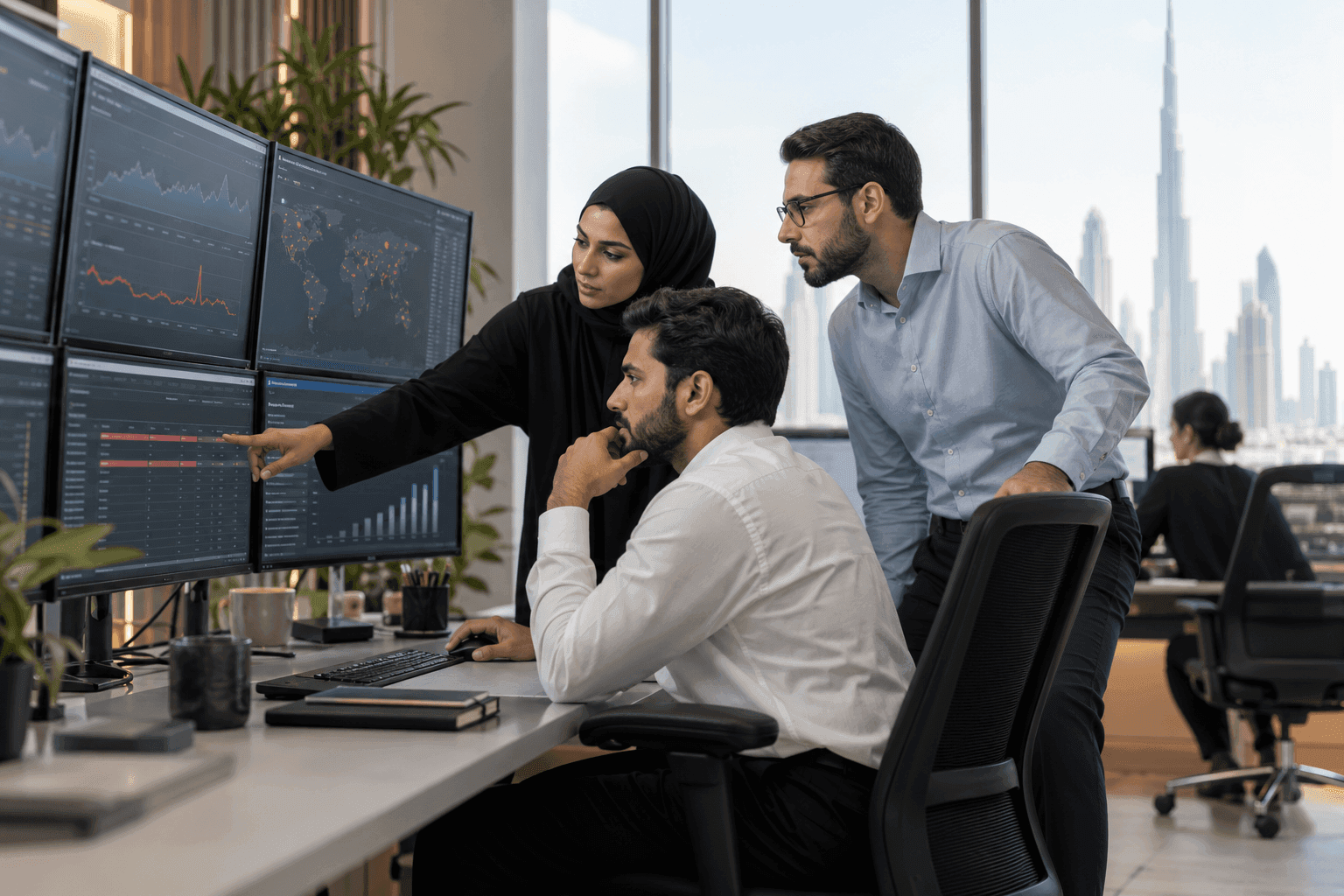 Operations team investigating transaction failures in a calm monitoring room, no visible screen text
