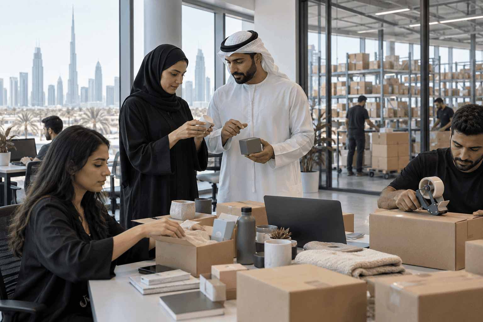 UAE ecommerce operations team examining product samples and dispatch packages in a contemporary office beside a warehouse