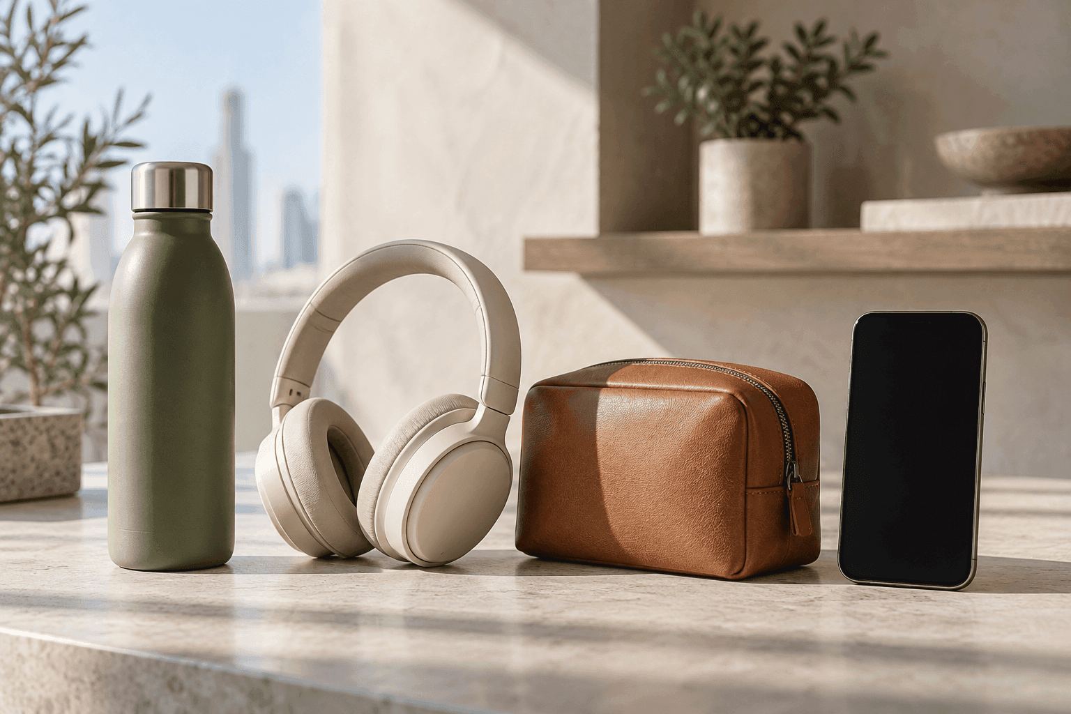 Unbranded bottle, headphones and bag beside a smartphone in a merchant studio