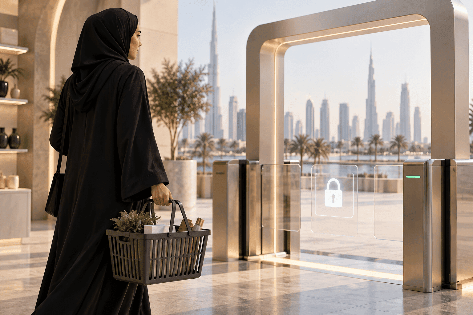 Restrained conceptual illustration of a shopper, a basket and a secure transaction gate, no labels