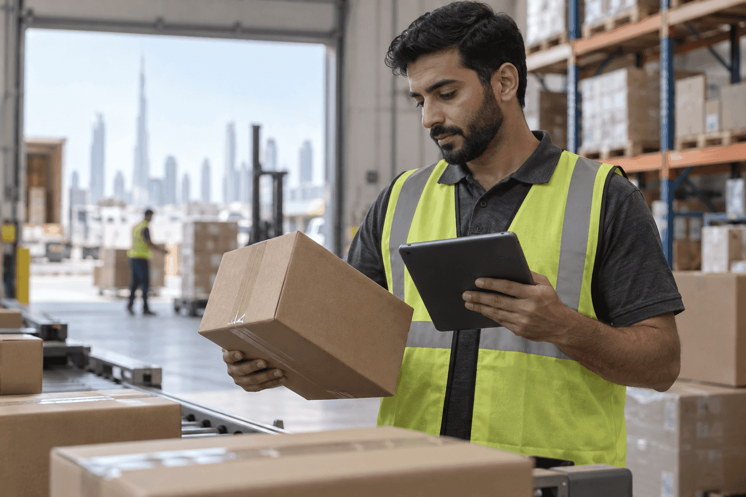 Warehouse dispatcher checking a sealed parcel against an unmarked tablet