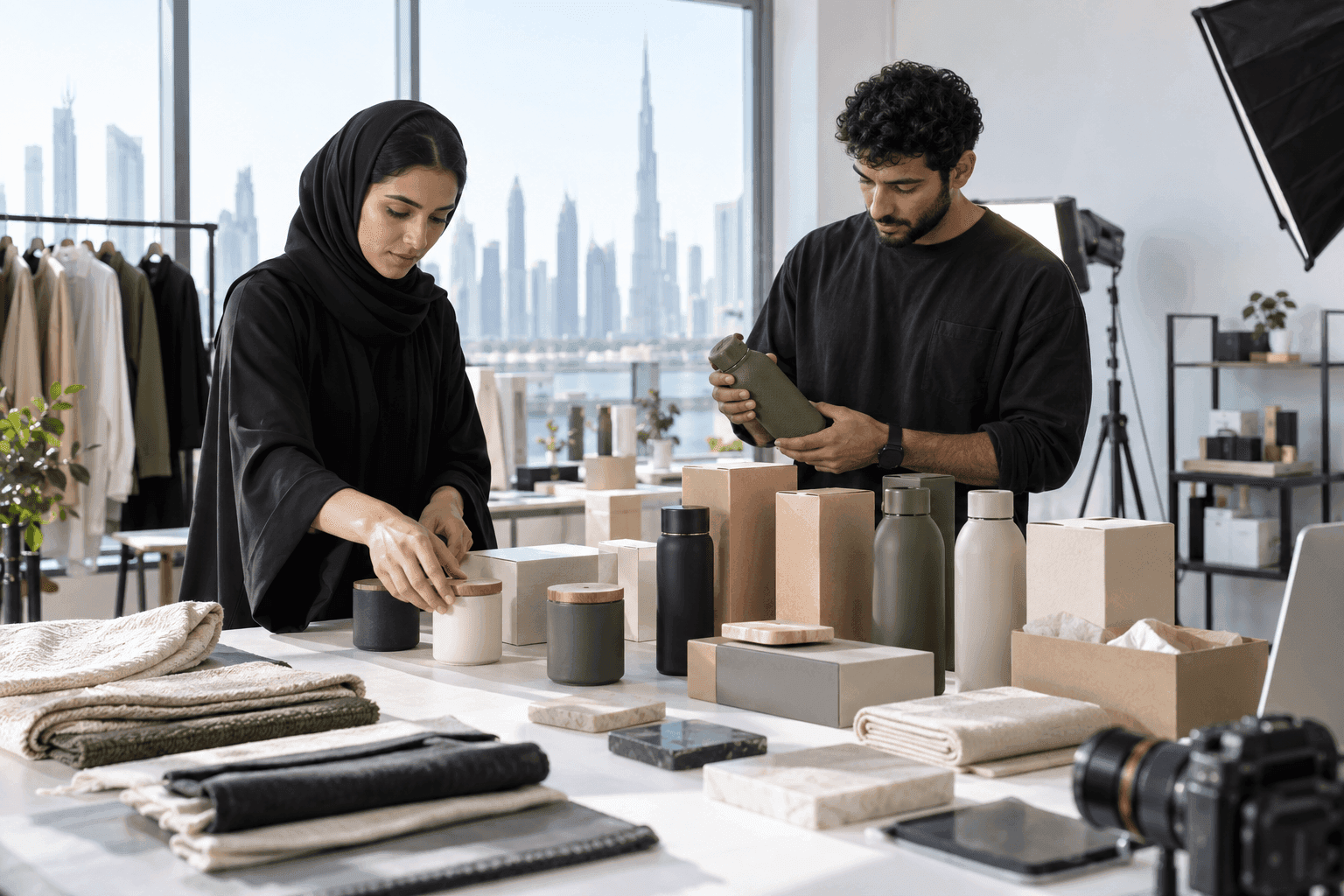 Product information team arranging variant samples and packaging in photography studio