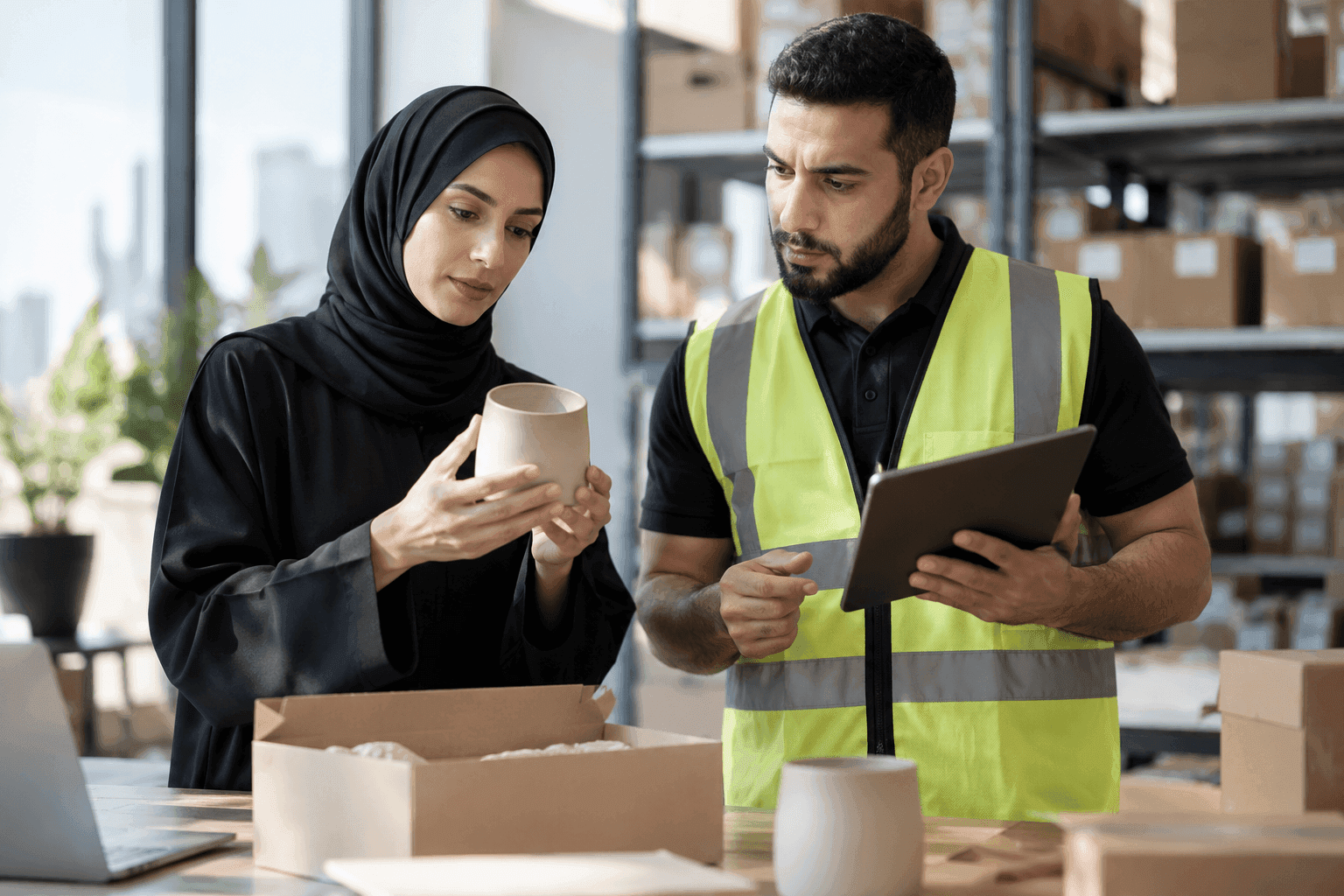 Merchant catalog steward and warehouse controller comparing a product sample