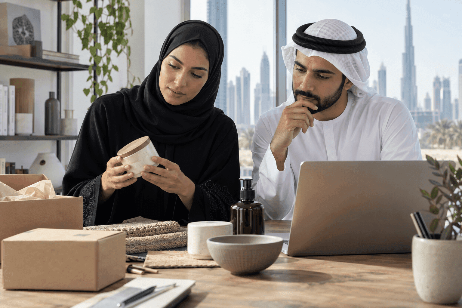 UAE online merchant and integration engineer reviewing unbranded product samples beside laptop, screen turned away