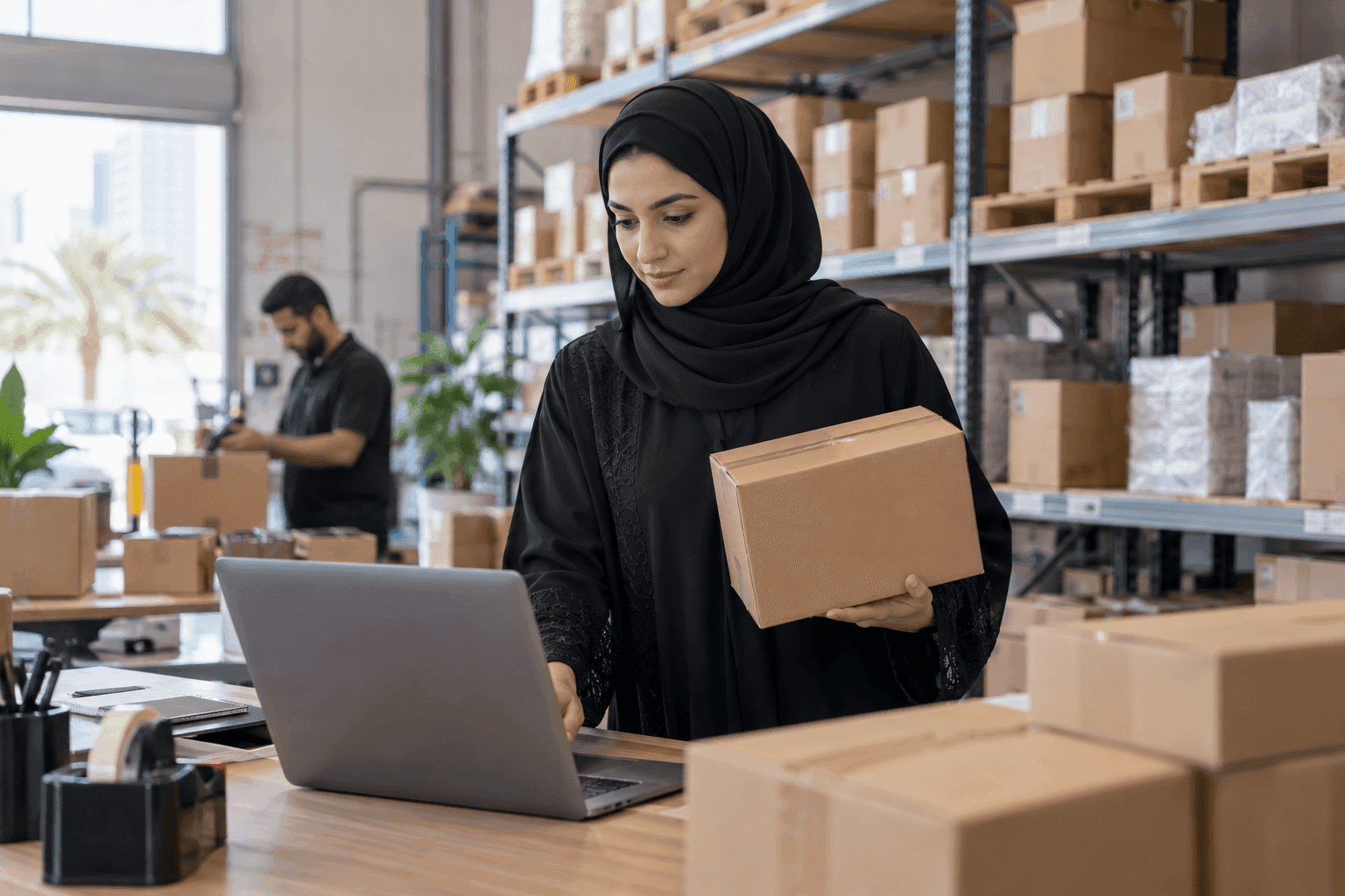 مسؤول تشغيل ينظم طروداً بجانب المستودع