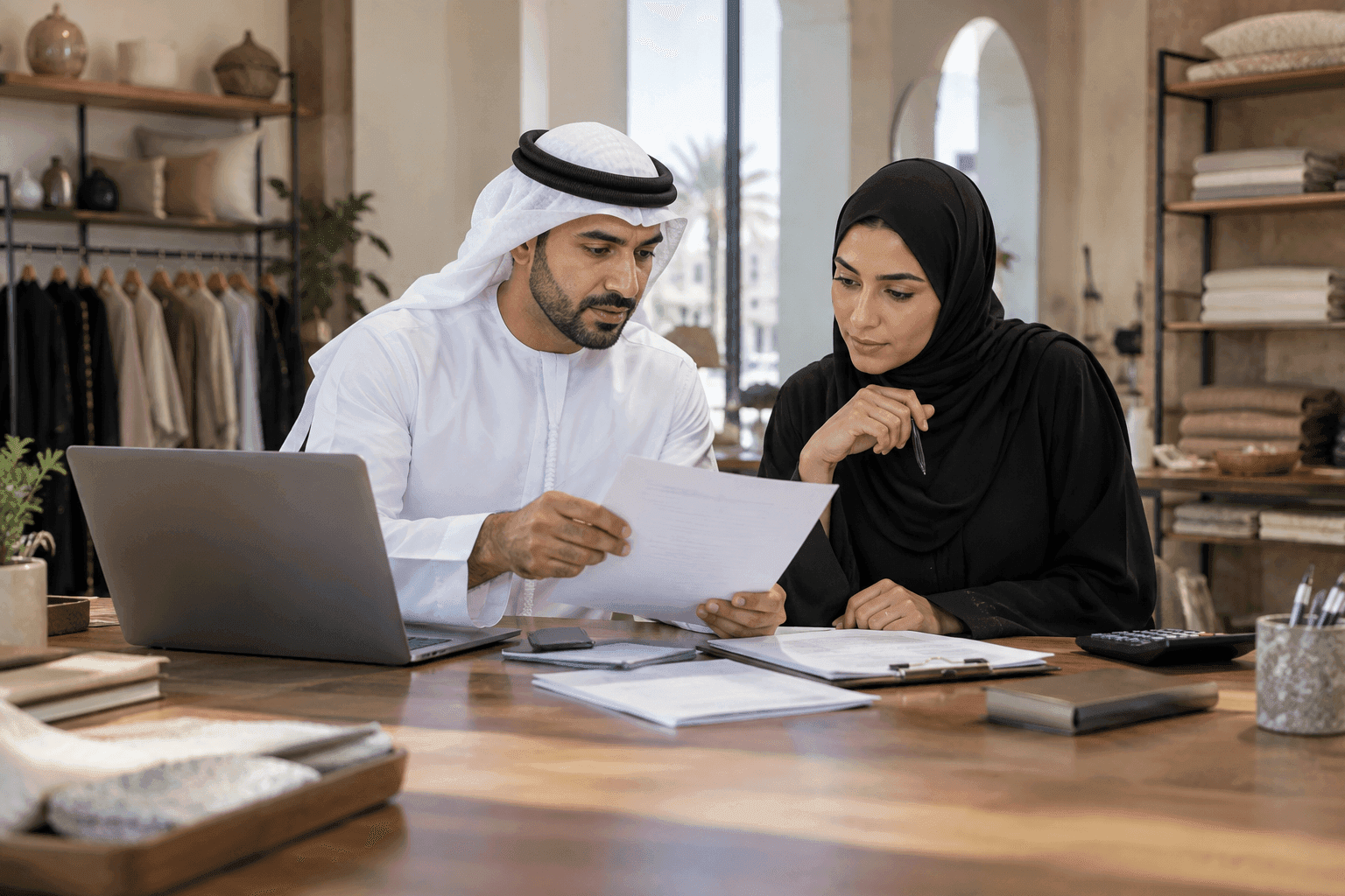 مسؤول متجر ومالية يراجعان مستندات معاملة
