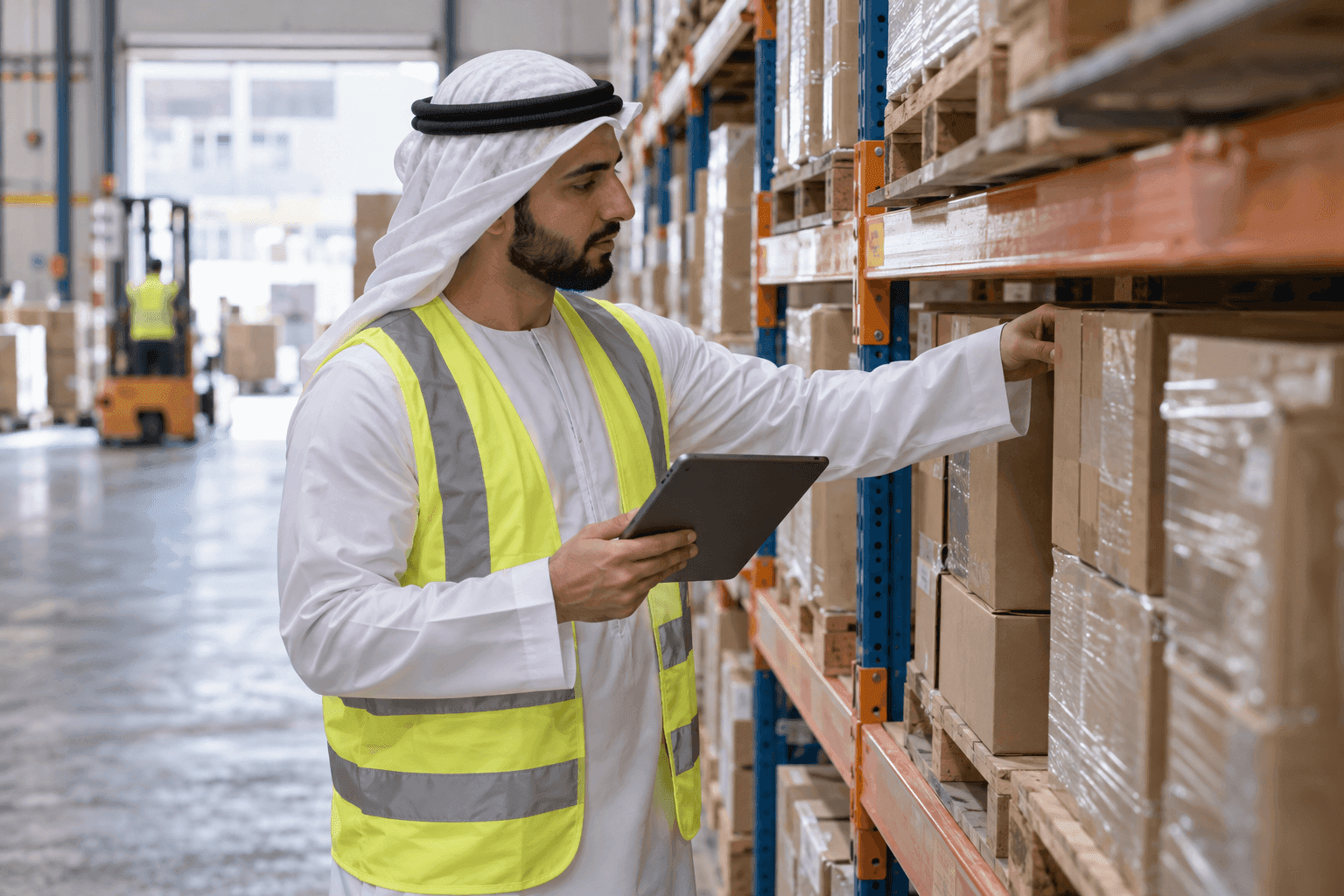 Close view of an auditor testing actual inventory against warehouse shelf