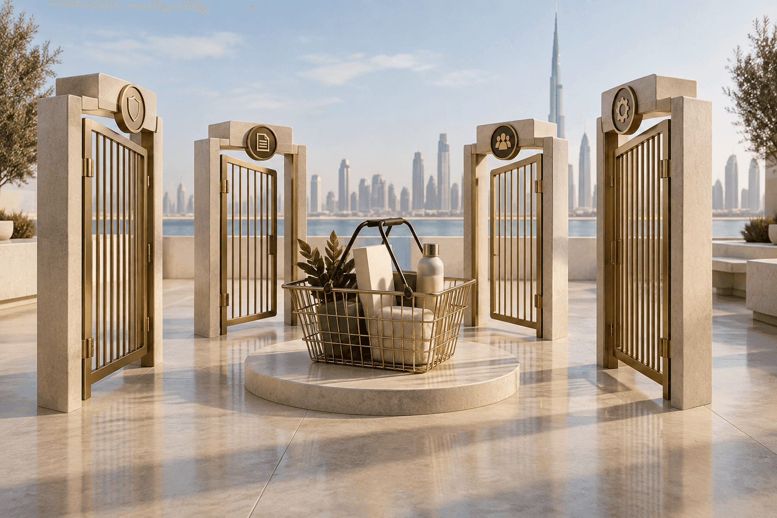 Conceptual illustration of four controlled gates around a shopping basket, no labels