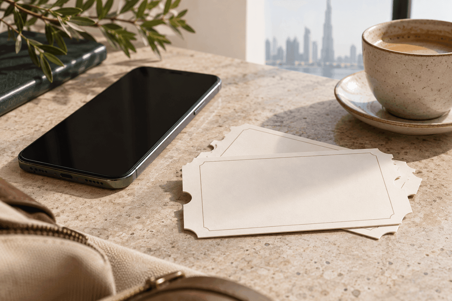 Editorial still life of cinema ticket shaped blank cards beside phone, no logos or readable text