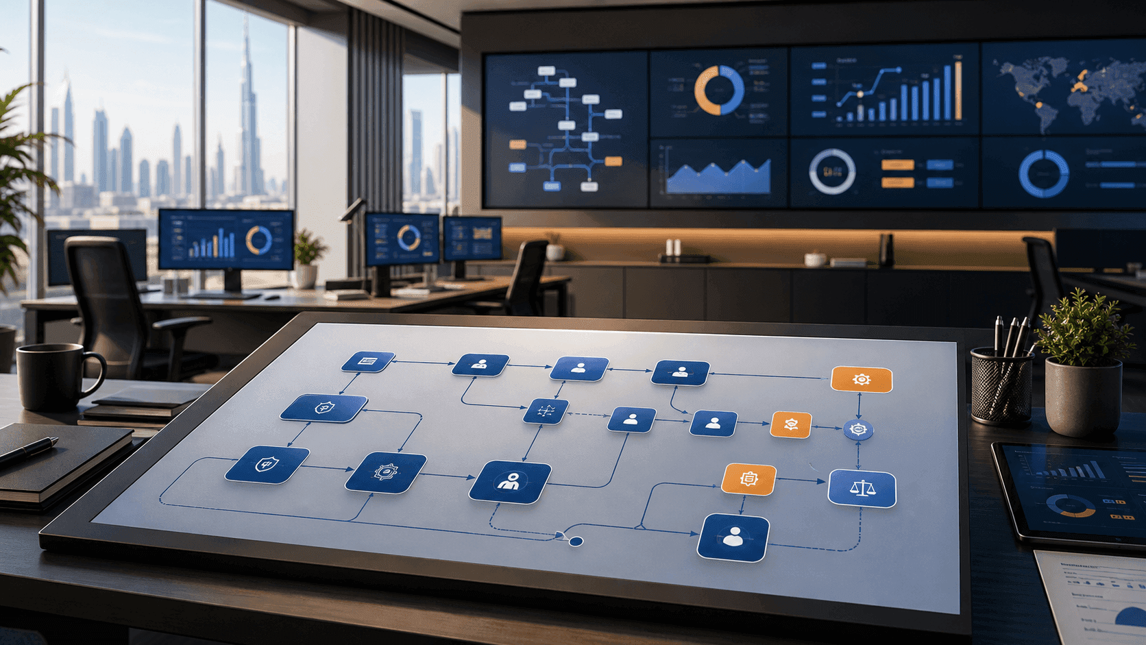 Abstract governed AI agent workflow with tool permissions, human approval checkpoints, monitoring, cost controls, and rollback paths.