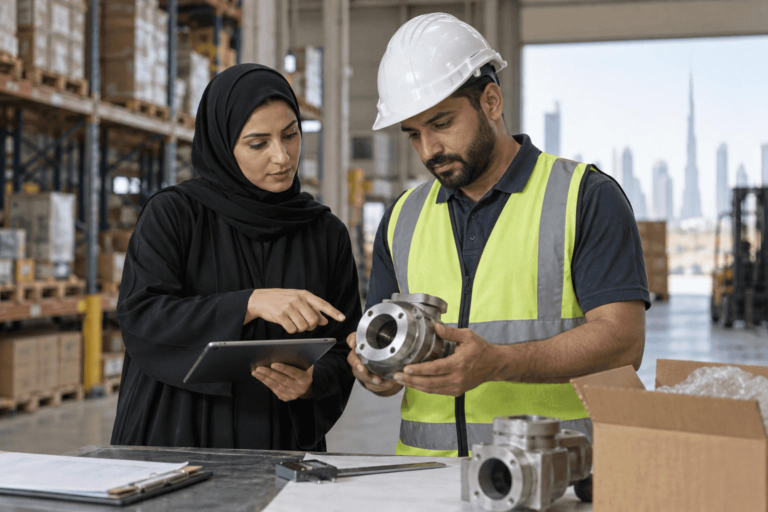 UAE procurement manager and warehouse supervisor evaluating an unbranded spare part