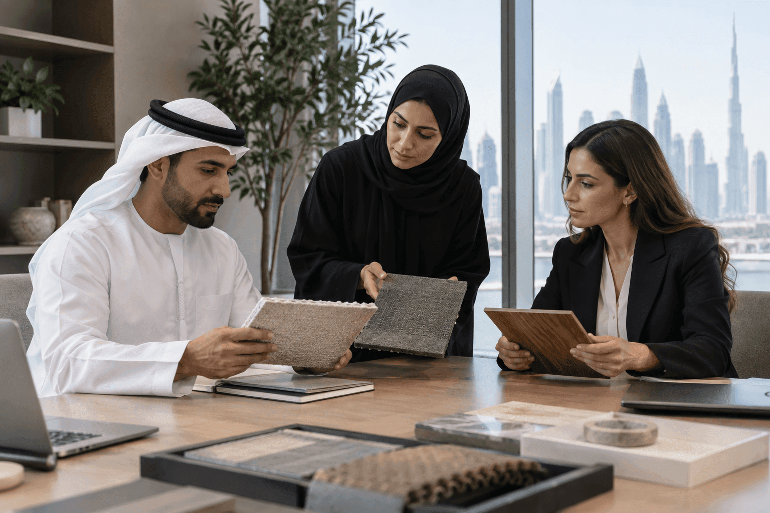 Procurement team comparing three physical supplier samples at meeting table
