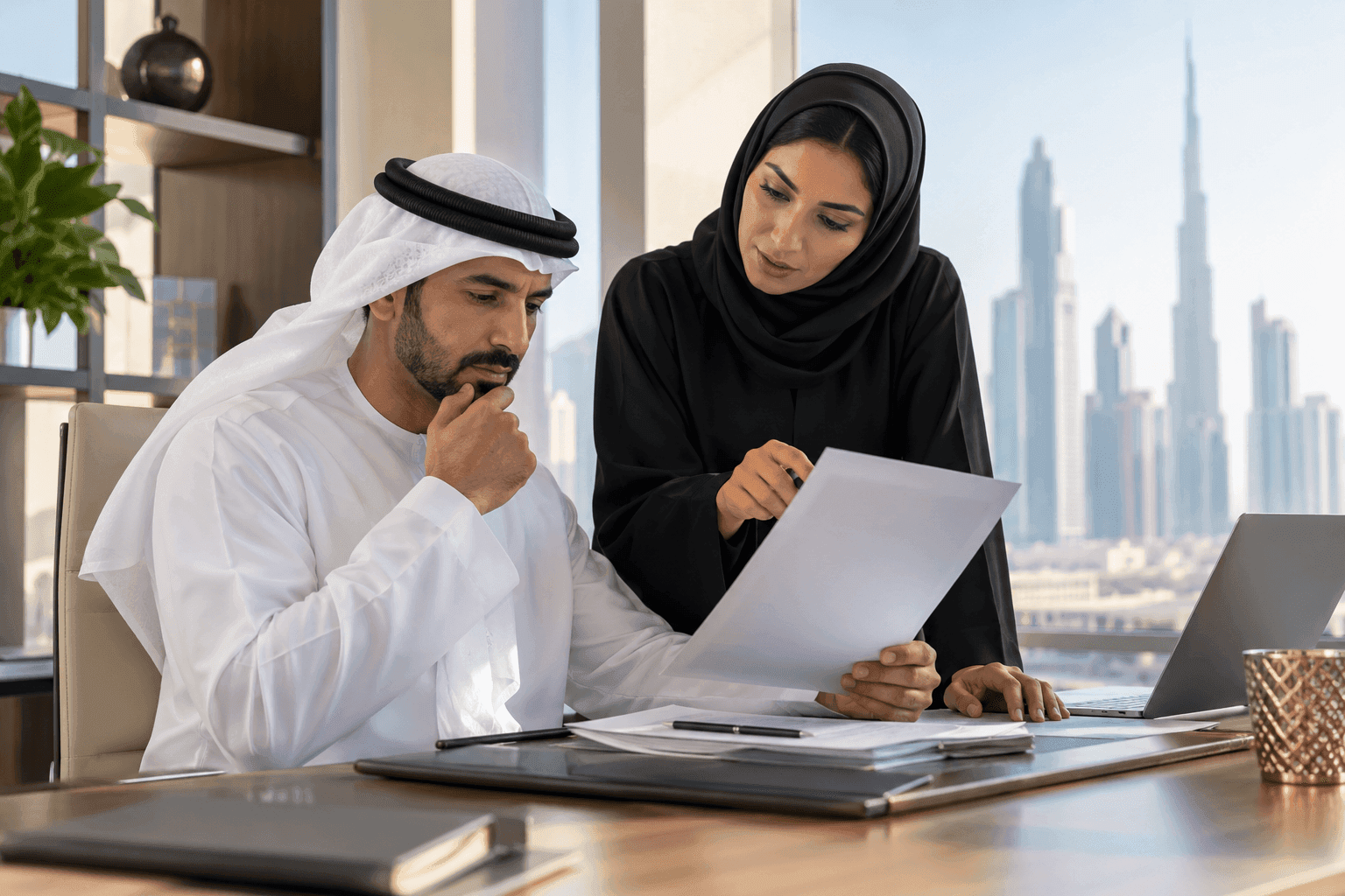 Budget approver and buyer examining purchase documents with no legible writing