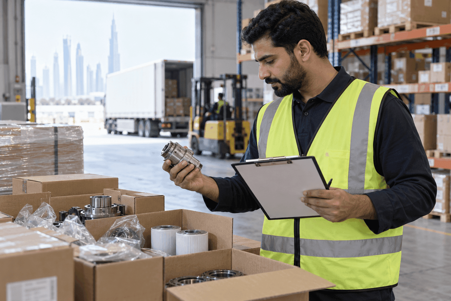 Warehouse receiver checking delivered spare parts against blank clipboard
