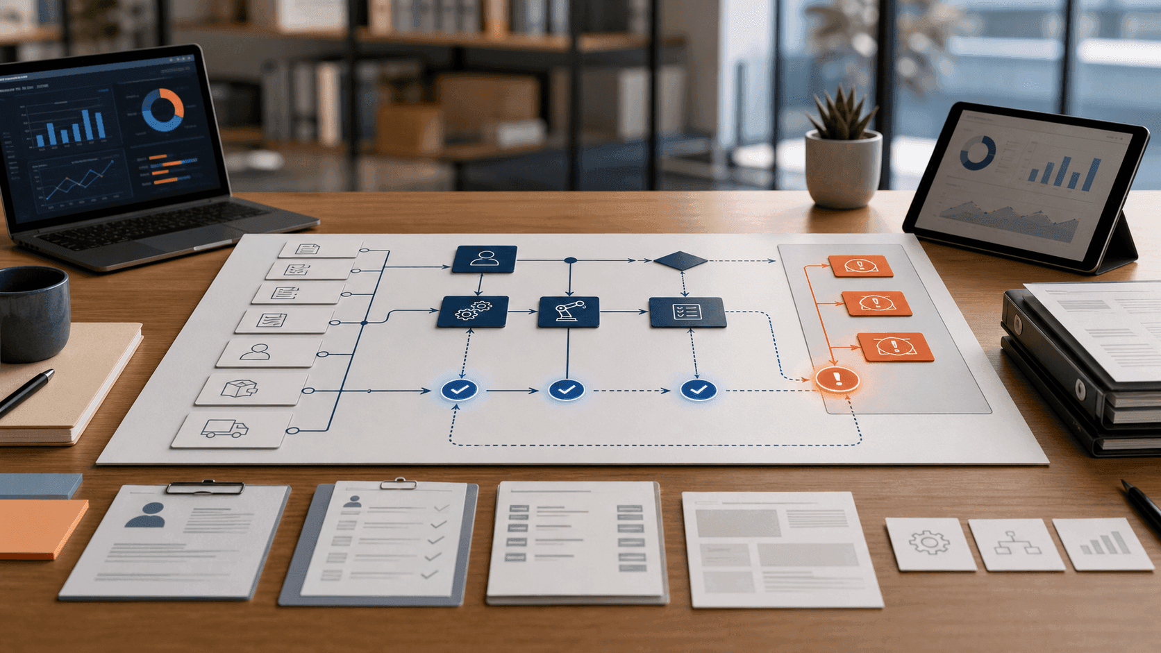 Abstract workflow lanes showing SME process automation across approvals, CRM, ERP, reporting, and human escalation.