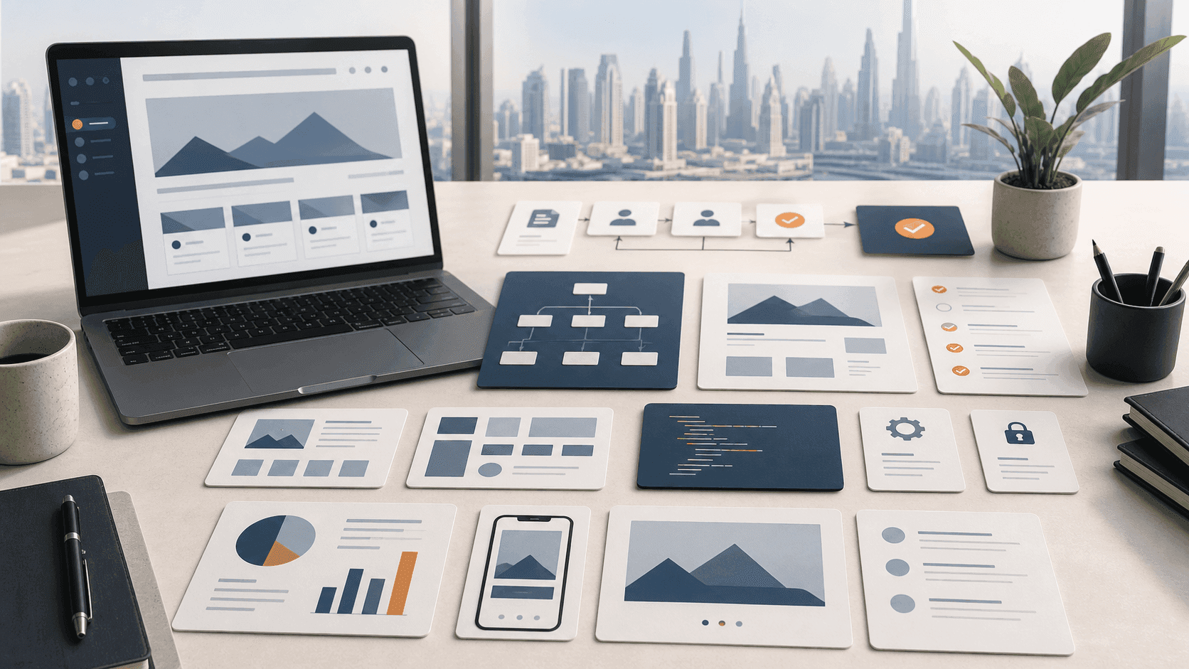 Abstract corporate website governance workspace with CMS, bilingual publishing, analytics, redirects, and technical SEO controls.