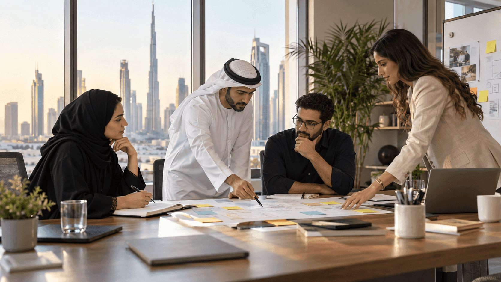 Custom Software Development Company UAE: How to Choose a Partner — a cross-functional team aligning an operating decision around evidence and ownership