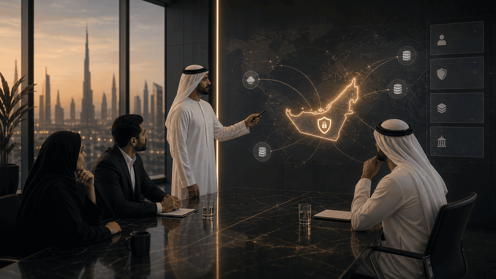 Abstract PRO71 visual for data residency and AI deployment decisions for UAE teams