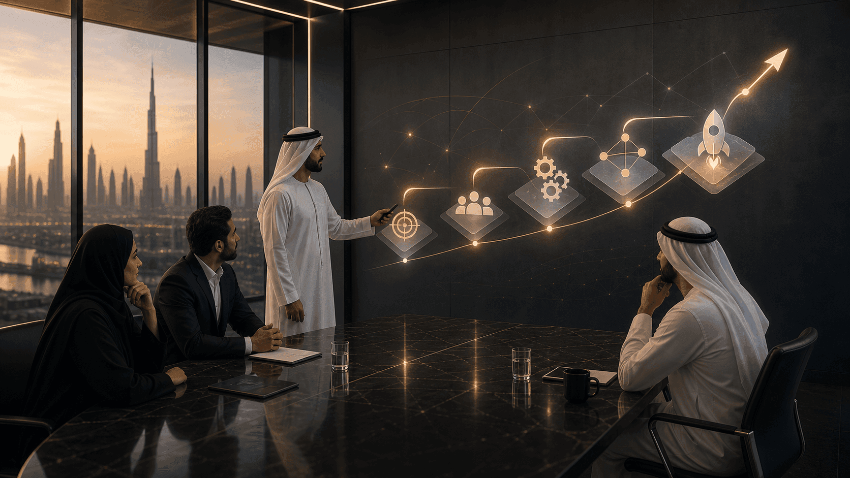 Abstract PRO71 visual for UAE digital transformation strategy and execution sequencing