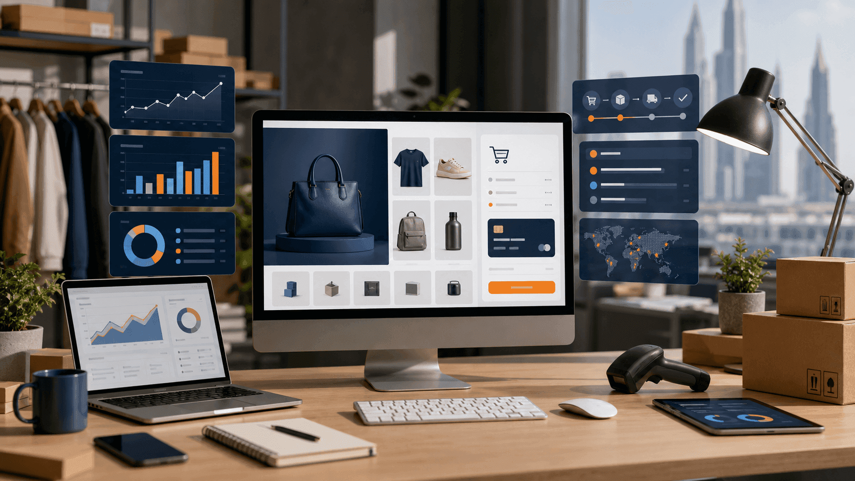 Abstract ecommerce operations workspace showing storefront, checkout, product catalog, ERP inventory, analytics, and SEO controls.