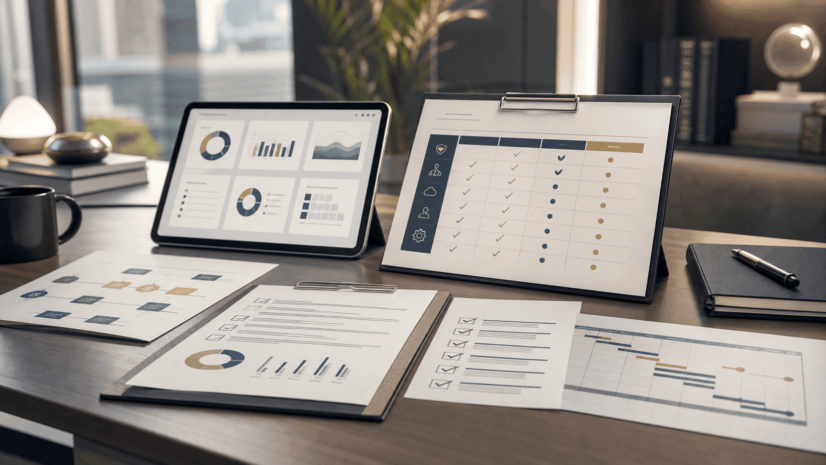Abstract business workspace showing ERP implementation readiness, migration checks, and finance approval controls.