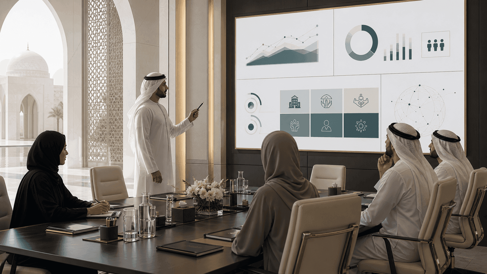 Abstract PRO71 visual for ministerial AI performance KPIs for UAE entities