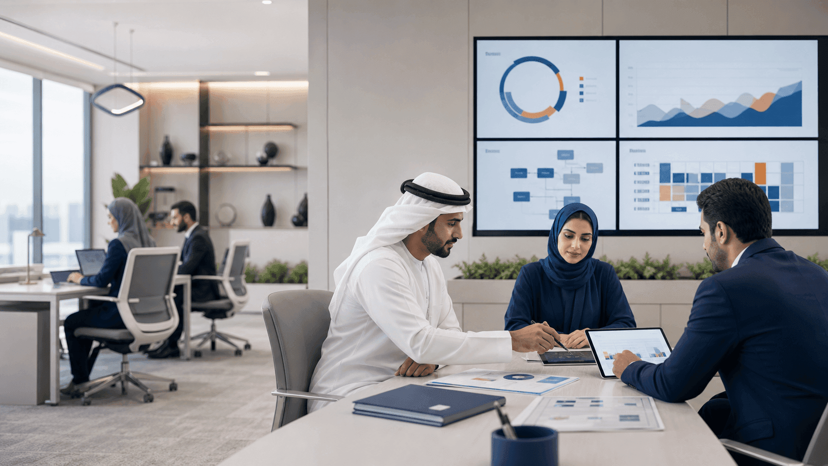 UAE operations and finance team reviewing ERP implementation dashboards and go-live planning materials.