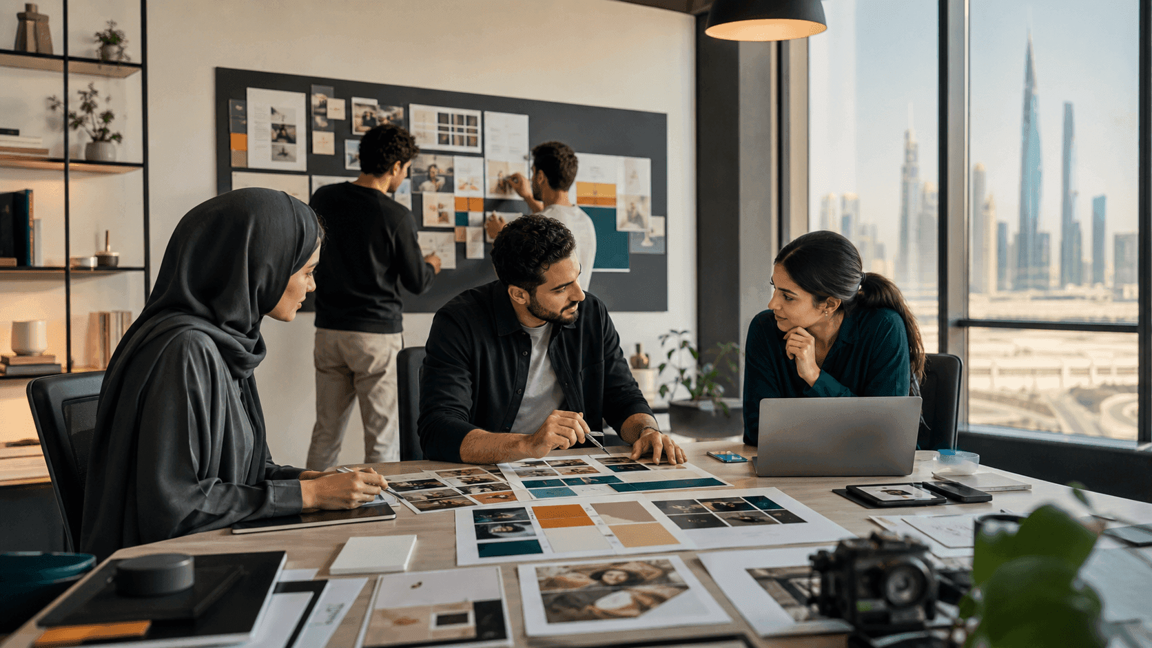 SME launch team coordinating brand, website, and social content materials in a modern UAE studio office.