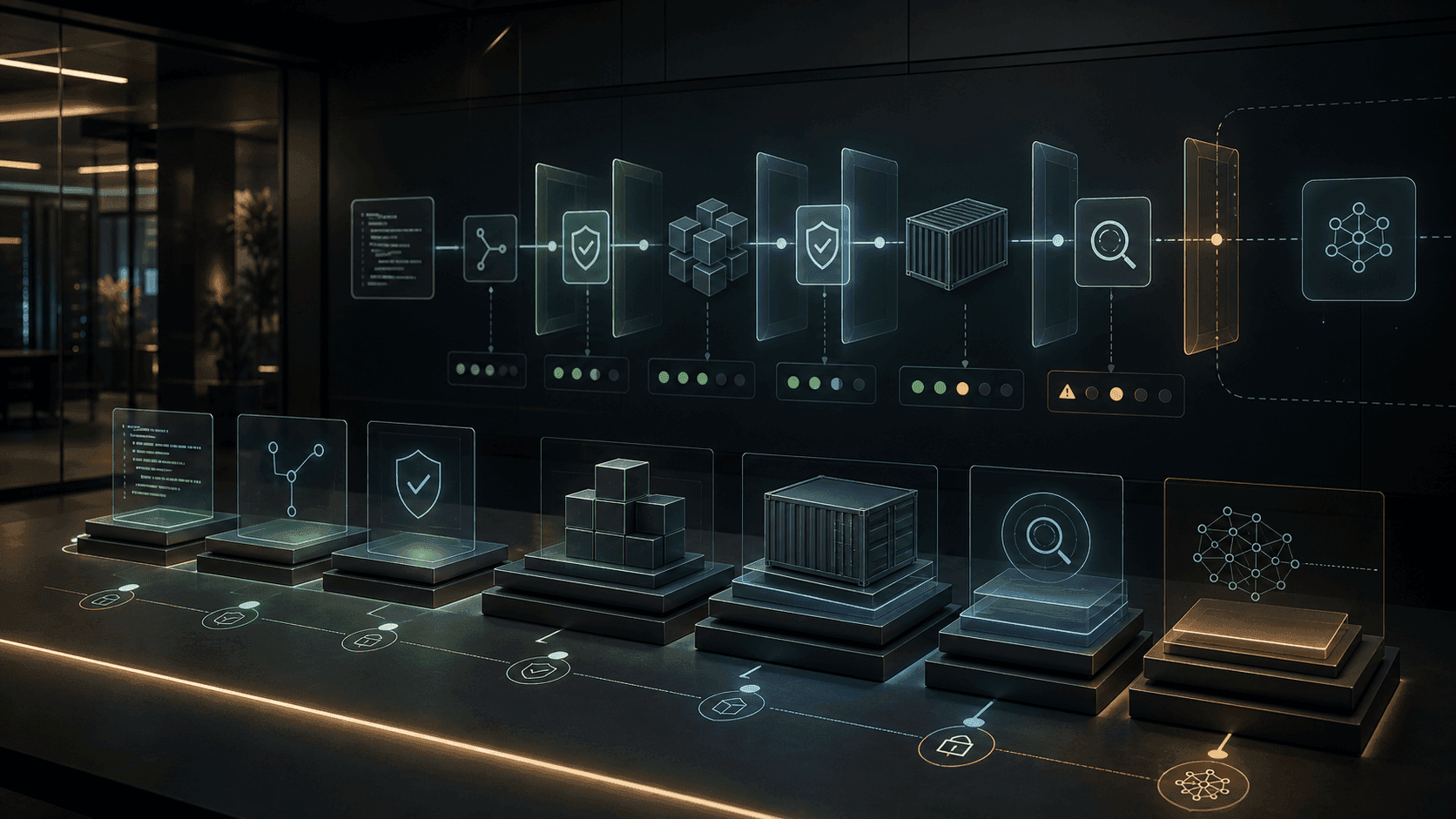 Abstract PRO71 visual for security gates for AI tooling and governed engineering delivery