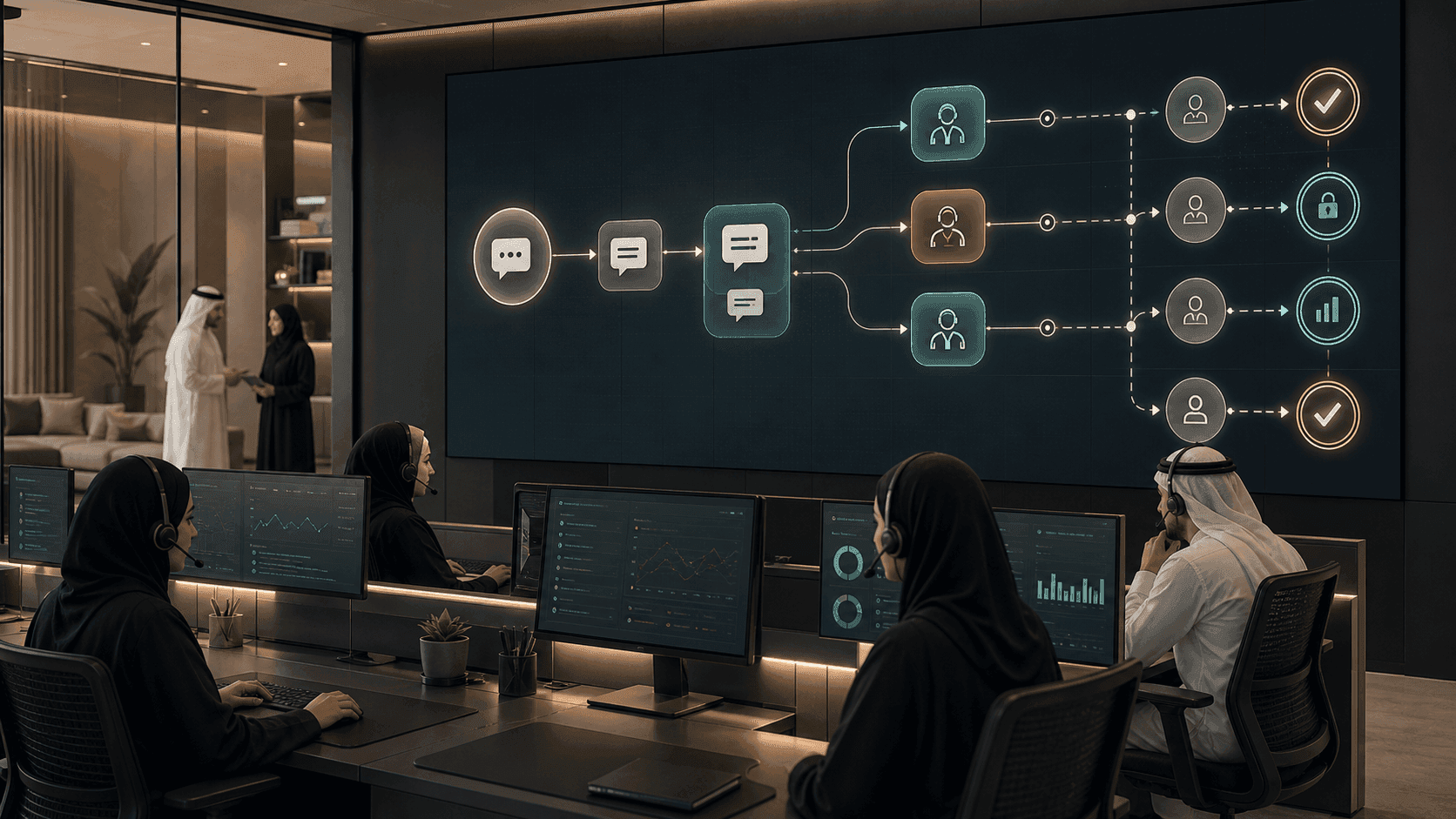 Abstract PRO71 visual for WhatsApp chatbot handoff rules and lead routing decisions