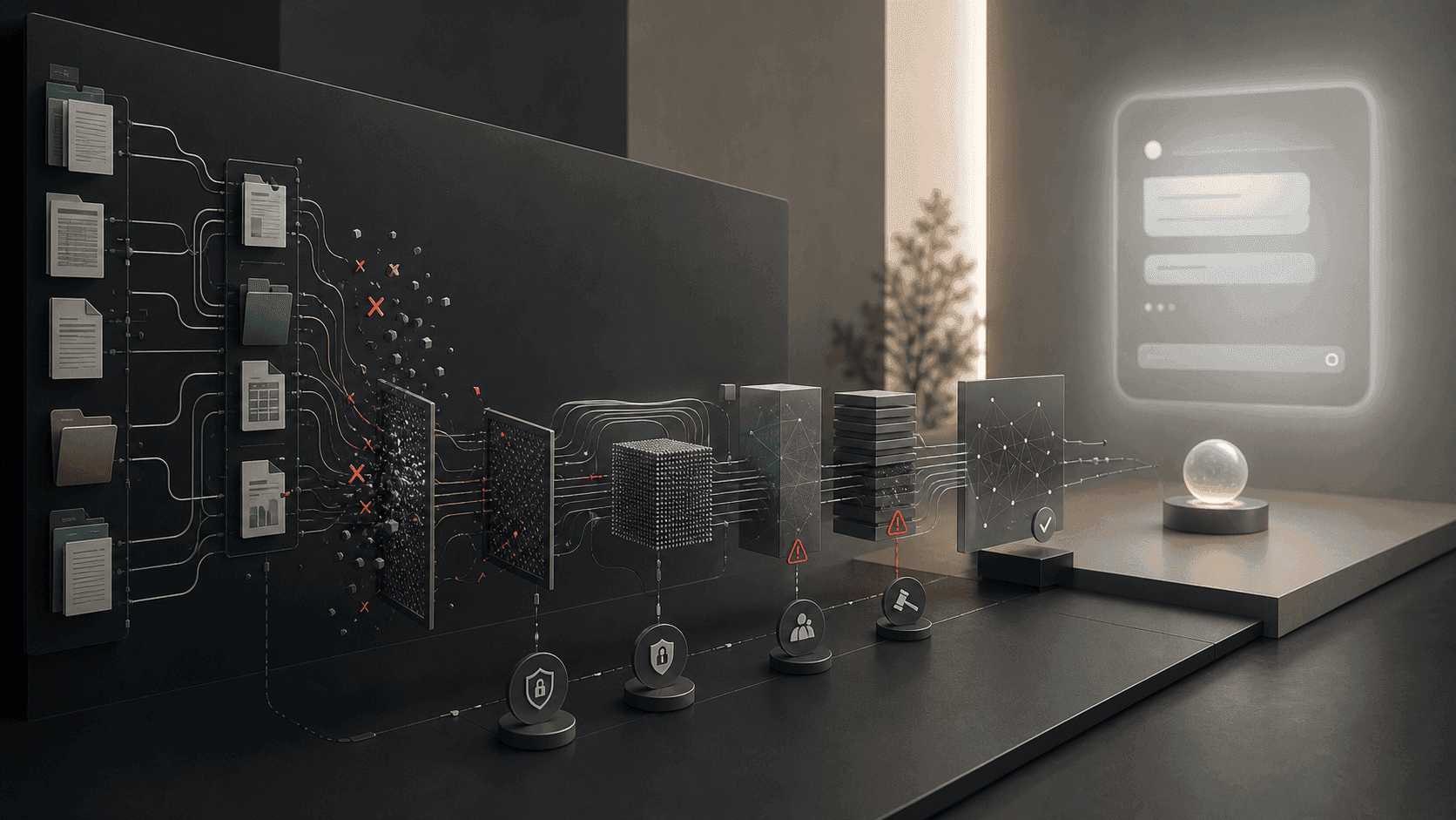 Abstract PRO71 visual for knowledge pipeline reliability before assistant interface design